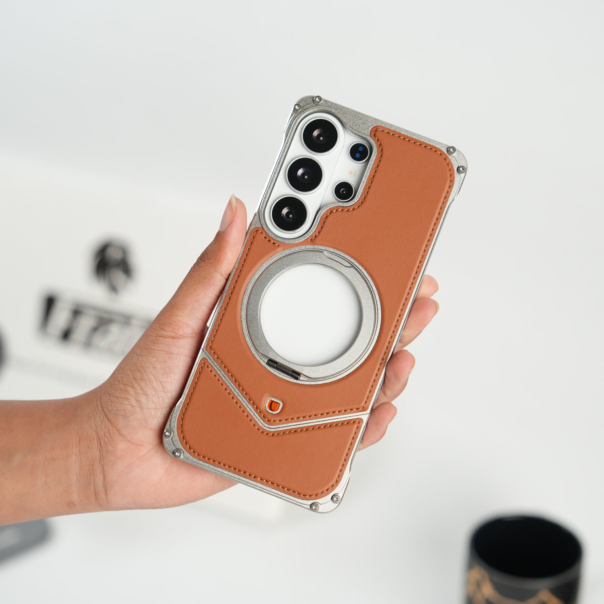 Galaxy S26 Ultra Premium Leather Aluminium Metal Snap On Rotating Stand case (Brown)