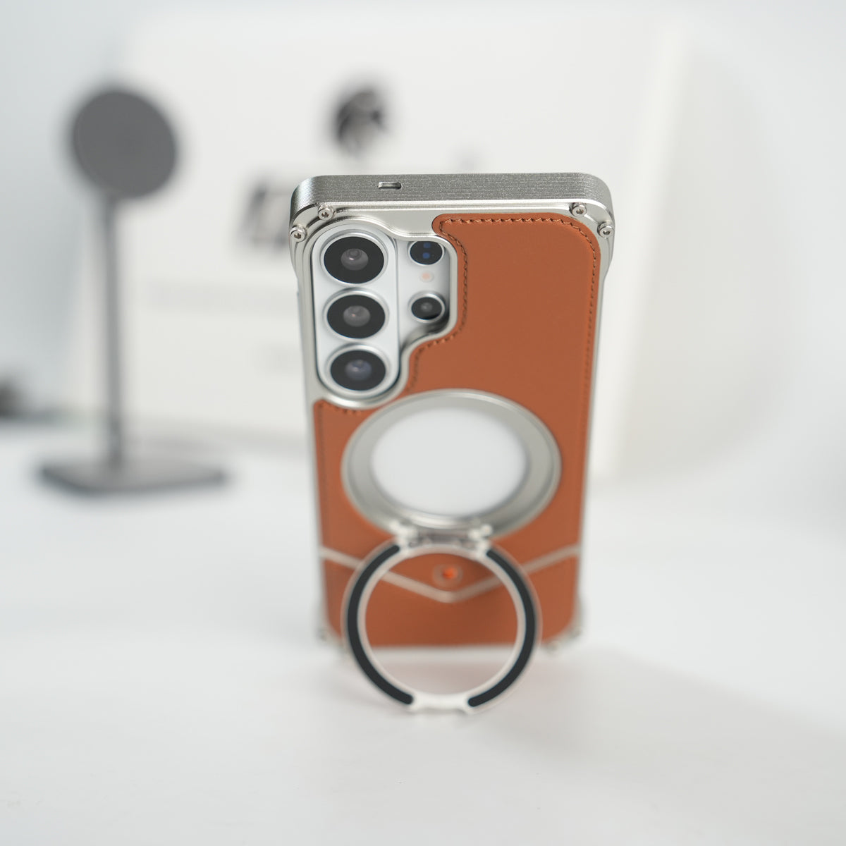 Galaxy S26 Ultra Premium Leather Aluminium Metal Snap On Rotating Stand case (Brown)