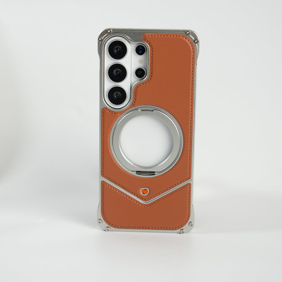 Galaxy S26 Ultra Premium Leather Aluminium Metal Snap On Rotating Stand case (Brown)
