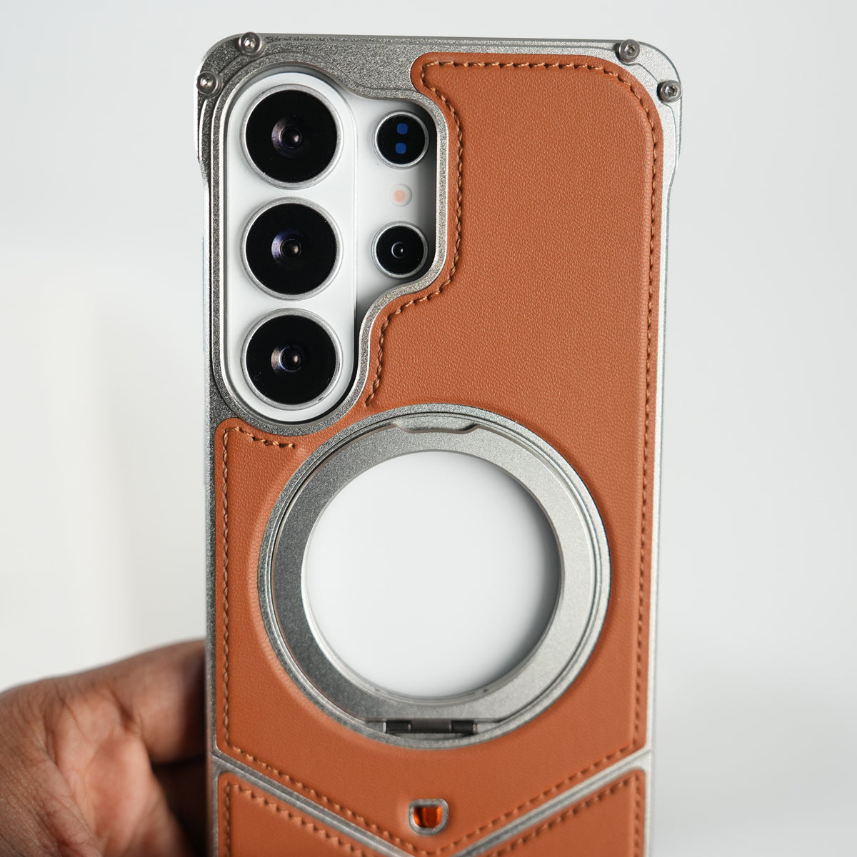 Galaxy S26 Ultra Premium Leather Aluminium Metal Snap On Rotating Stand case (Brown)