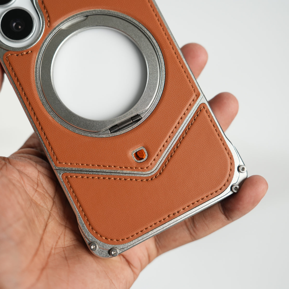 Galaxy S26 Ultra Premium Leather Aluminium Metal Snap On Rotating Stand case (Brown)