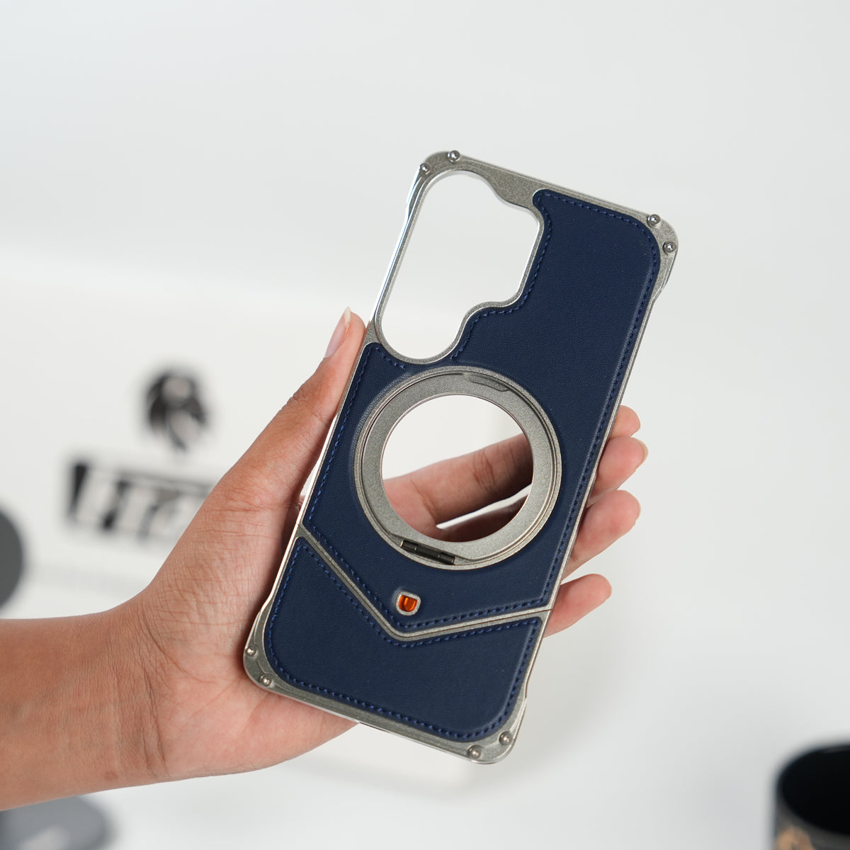 Galaxy S26 Ultra Premium Leather Aluminium Metal Snap On Rotating Stand case (Blue)