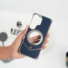Galaxy S26 Ultra Premium Leather Aluminium Metal Snap On Rotating Stand case (Blue)