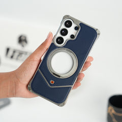 Galaxy S26 Ultra Premium Leather Aluminium Metal Snap On Rotating Stand case (Blue)