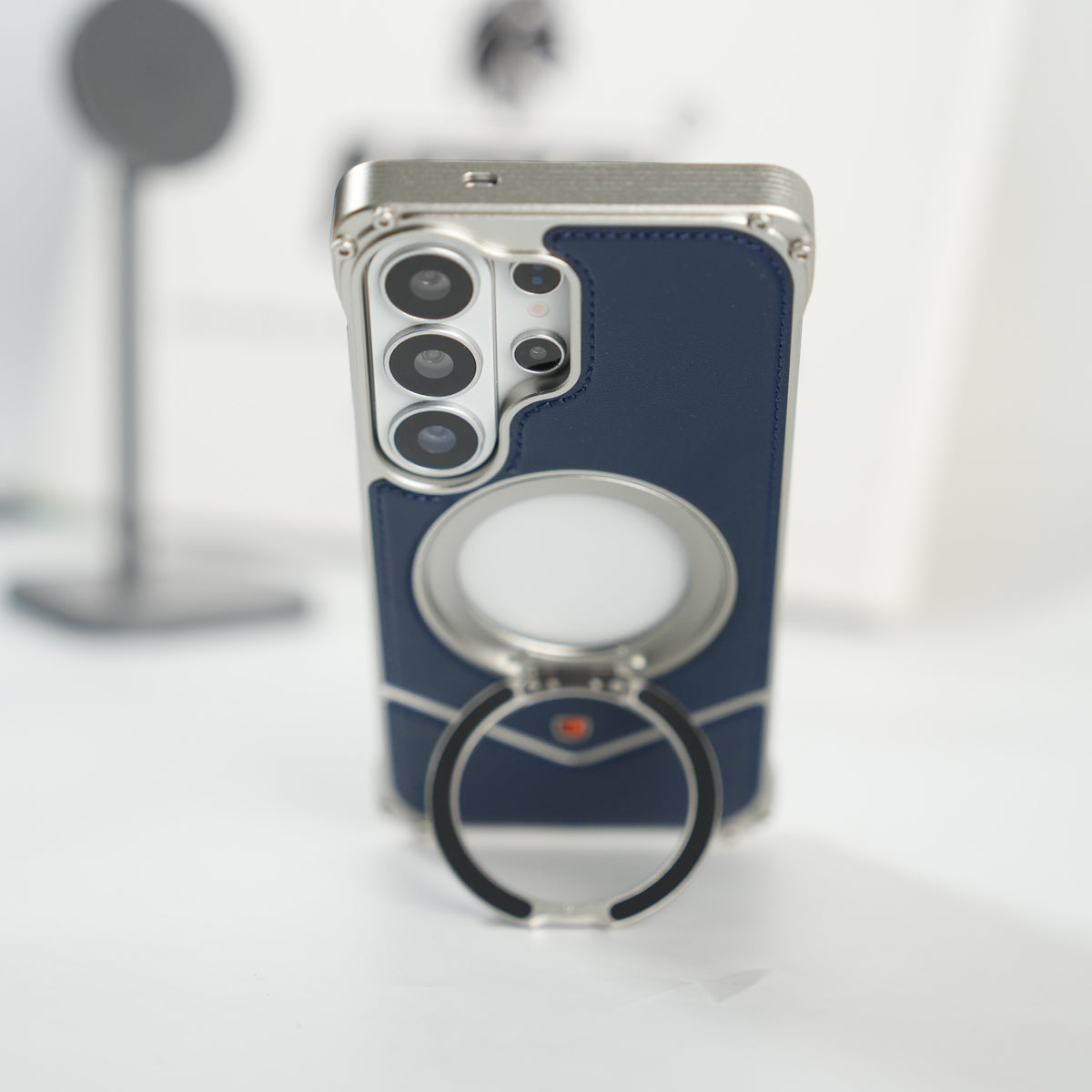 Galaxy S26 Ultra Premium Leather Aluminium Metal Snap On Rotating Stand case (Blue)
