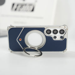 Galaxy S26 Ultra Premium Leather Aluminium Metal Snap On Rotating Stand case (Blue)