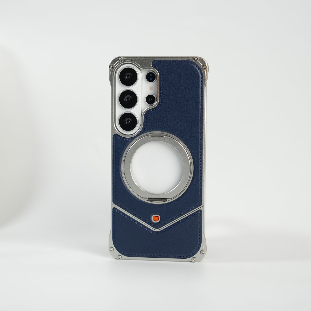 Galaxy S26 Ultra Premium Leather Aluminium Metal Snap On Rotating Stand case (Blue)