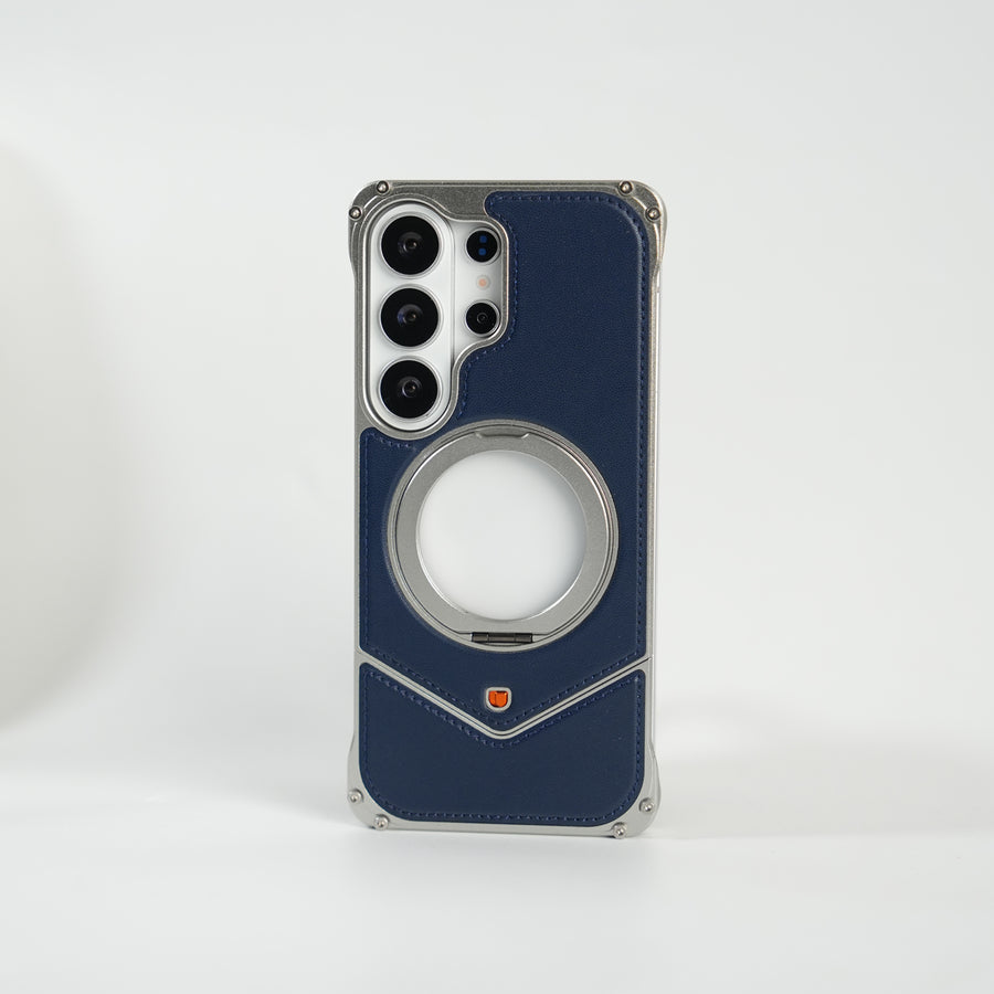Galaxy S26 Ultra Premium Leather Aluminium Metal Snap On Rotating Stand case (Blue)