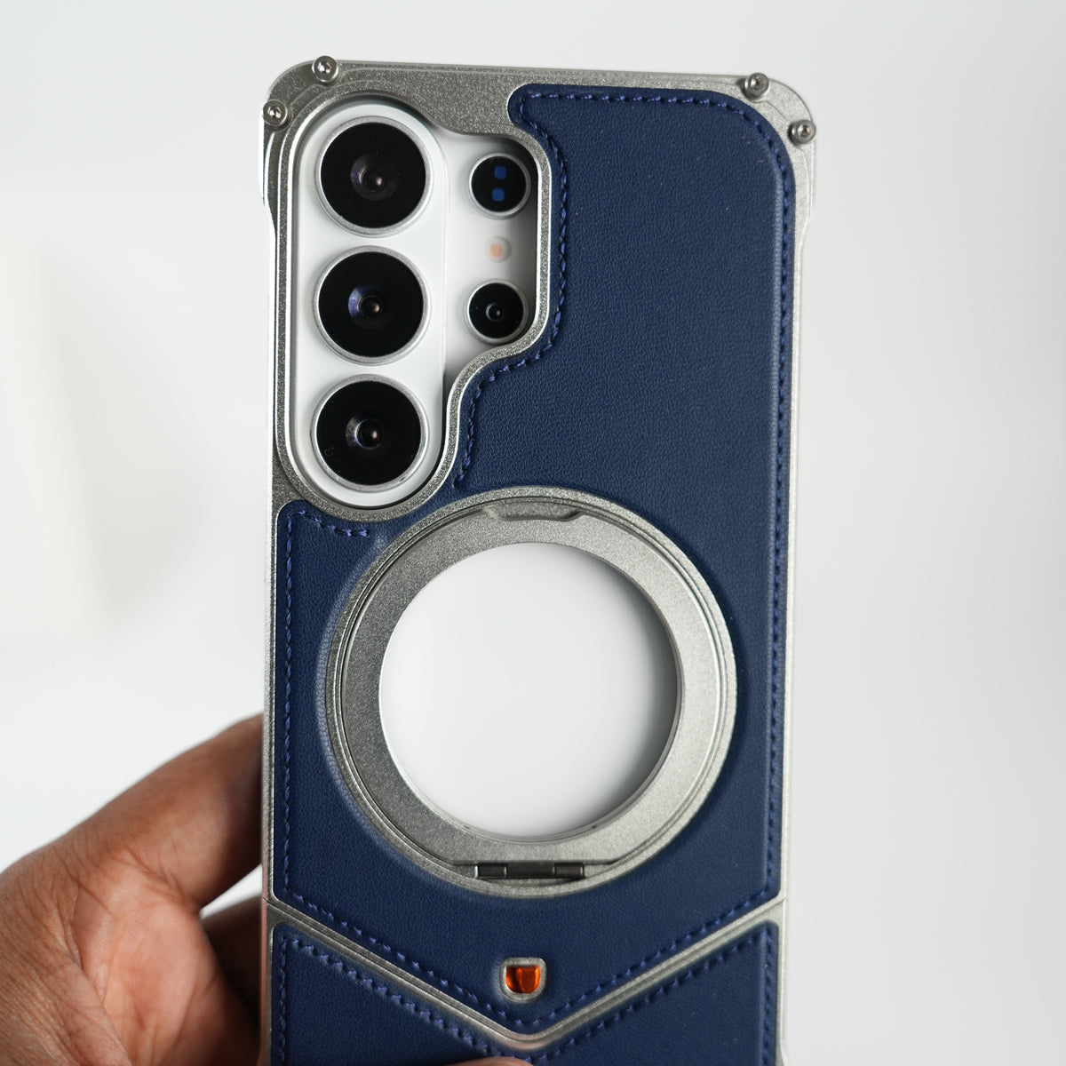 Galaxy S26 Ultra Premium Leather Aluminium Metal Snap On Rotating Stand case (Blue)