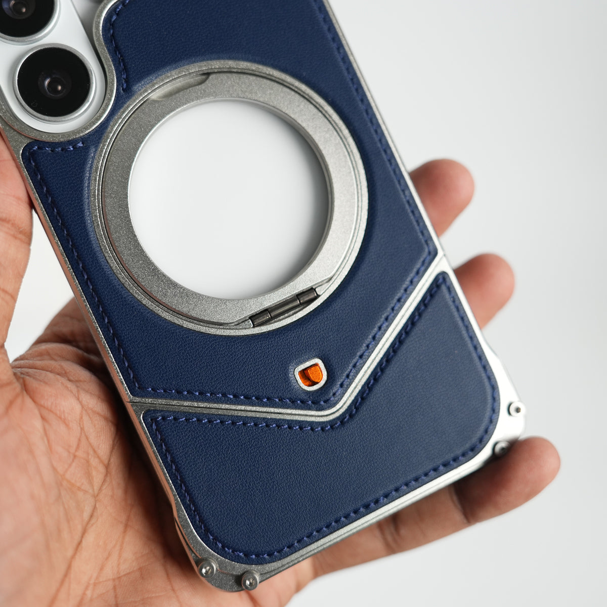Galaxy S26 Ultra Premium Leather Aluminium Metal Snap On Rotating Stand case (Blue)