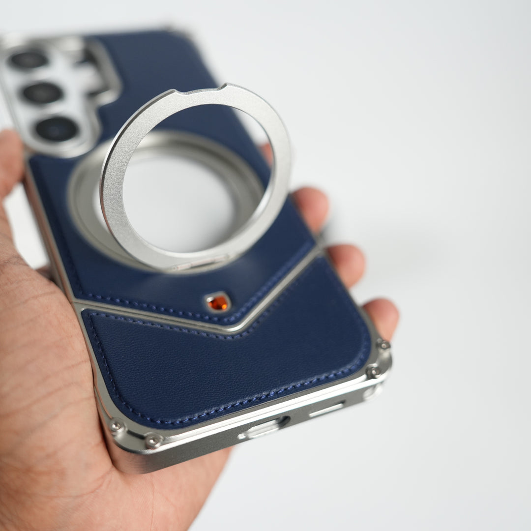 Galaxy S26 Ultra Premium Leather Aluminium Metal Snap On Rotating Stand case (Blue)