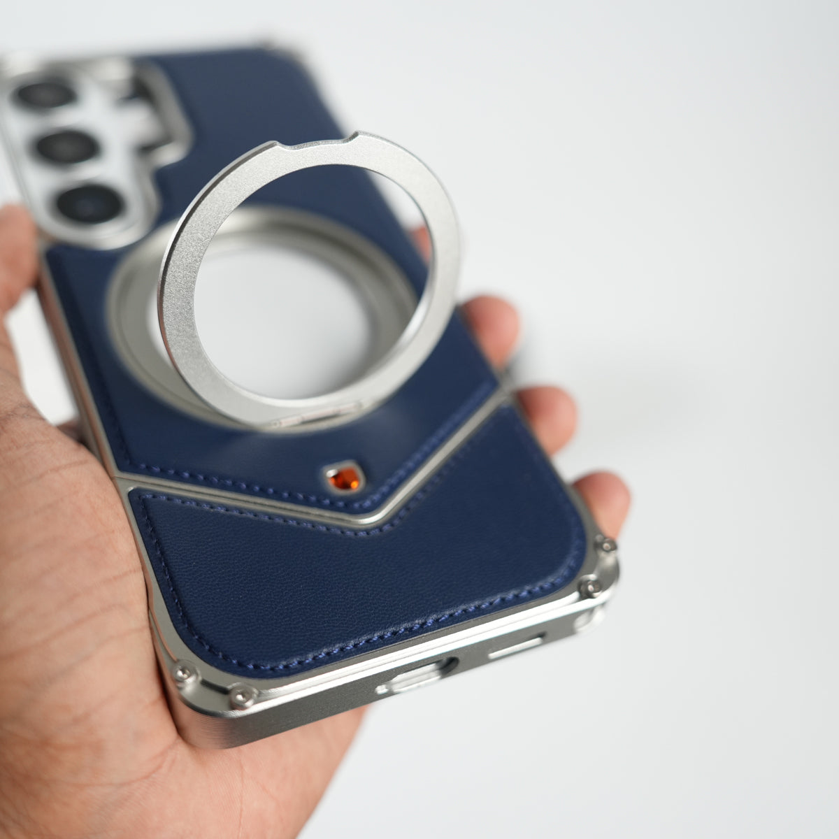 Galaxy S26 Ultra Premium Leather Aluminium Metal Snap On Rotating Stand case (Blue)