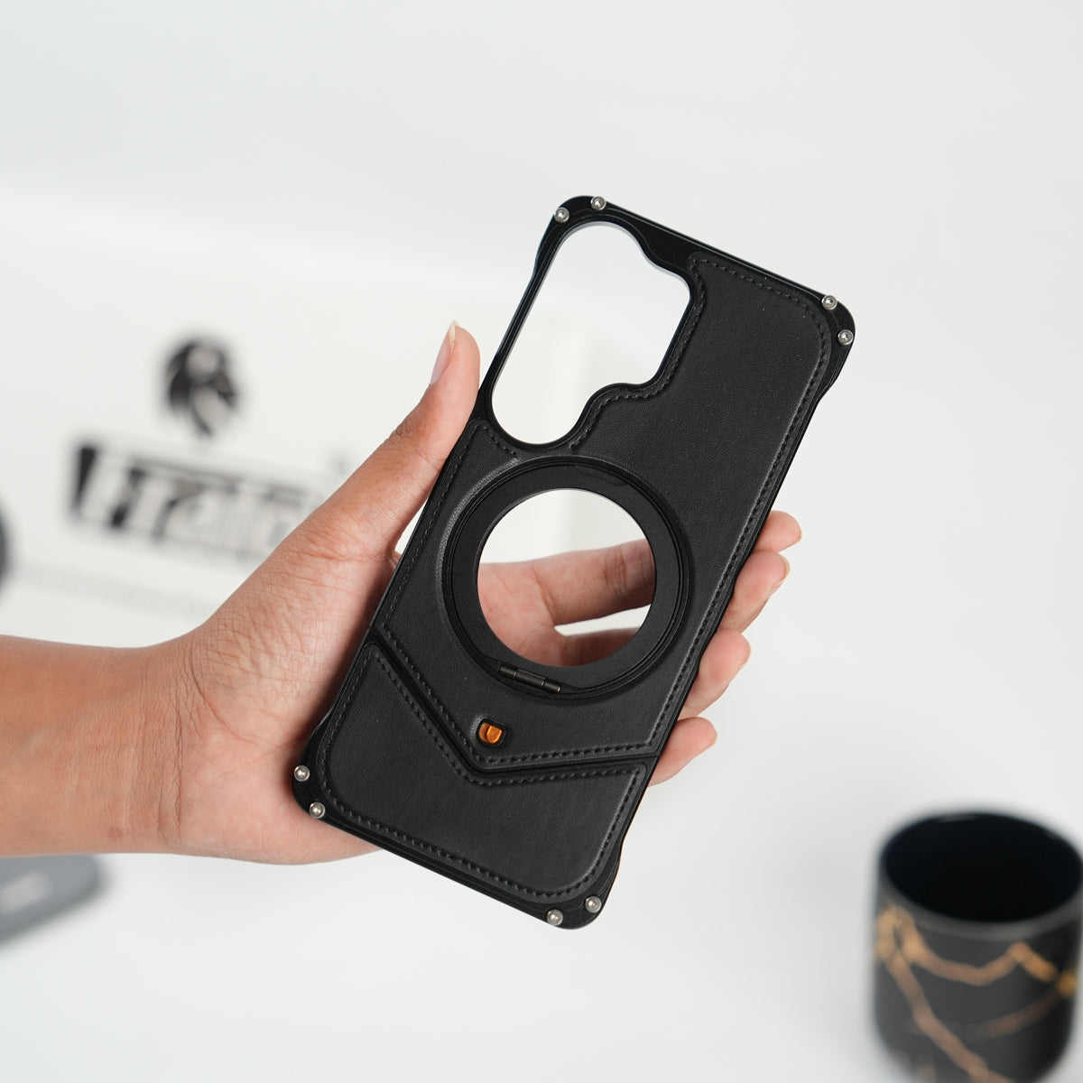 Galaxy S26 Ultra Premium Leather Aluminium Metal Snap On Rotating Stand case (Black)