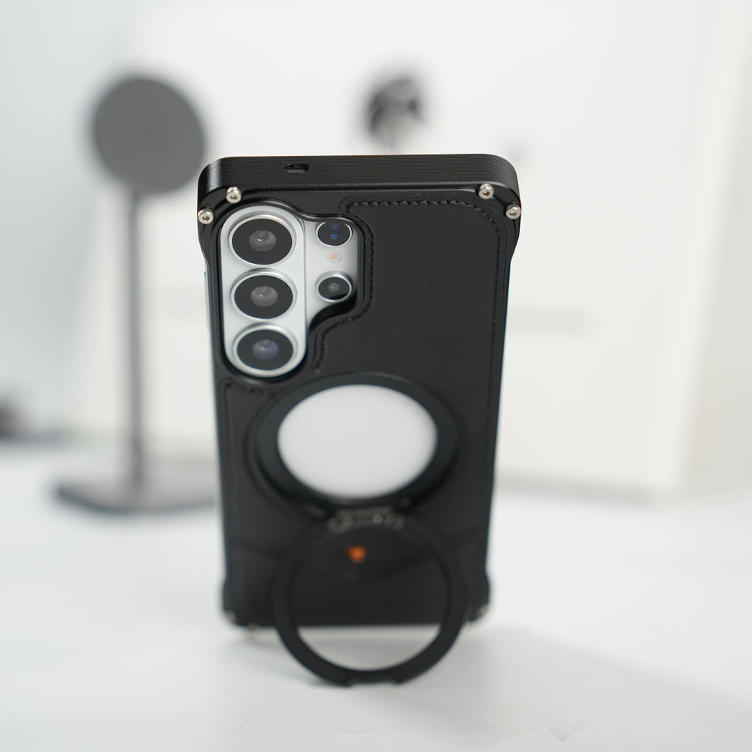 Galaxy S26 Ultra Premium Leather Aluminium Metal Snap On Rotating Stand case (Black)