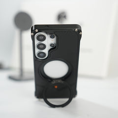 Galaxy S26 Ultra Premium Leather Aluminium Metal Snap On Rotating Stand case (Black)