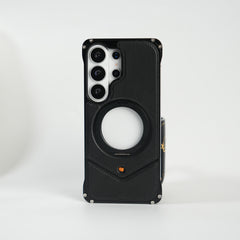 Galaxy S26 Ultra Premium Leather Aluminium Metal Snap On Rotating Stand case (Black)