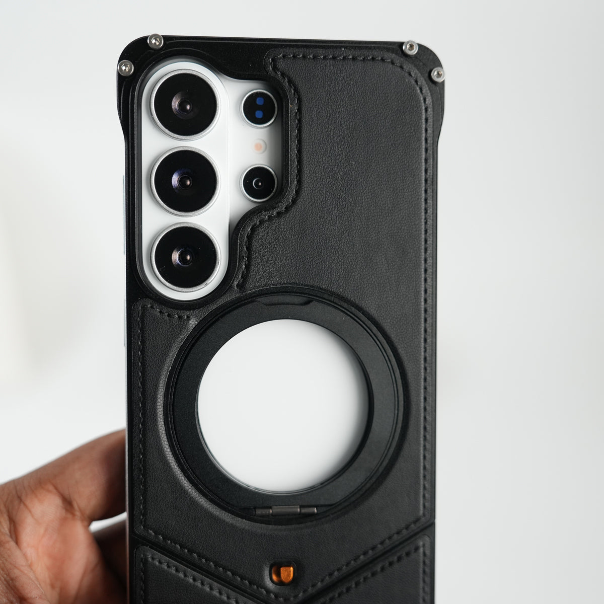 Galaxy S26 Ultra Premium Leather Aluminium Metal Snap On Rotating Stand case (Black)