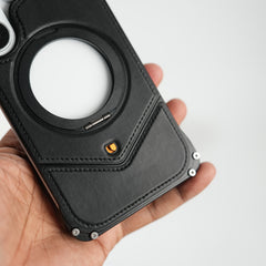 Galaxy S26 Ultra Premium Leather Aluminium Metal Snap On Rotating Stand case (Black)
