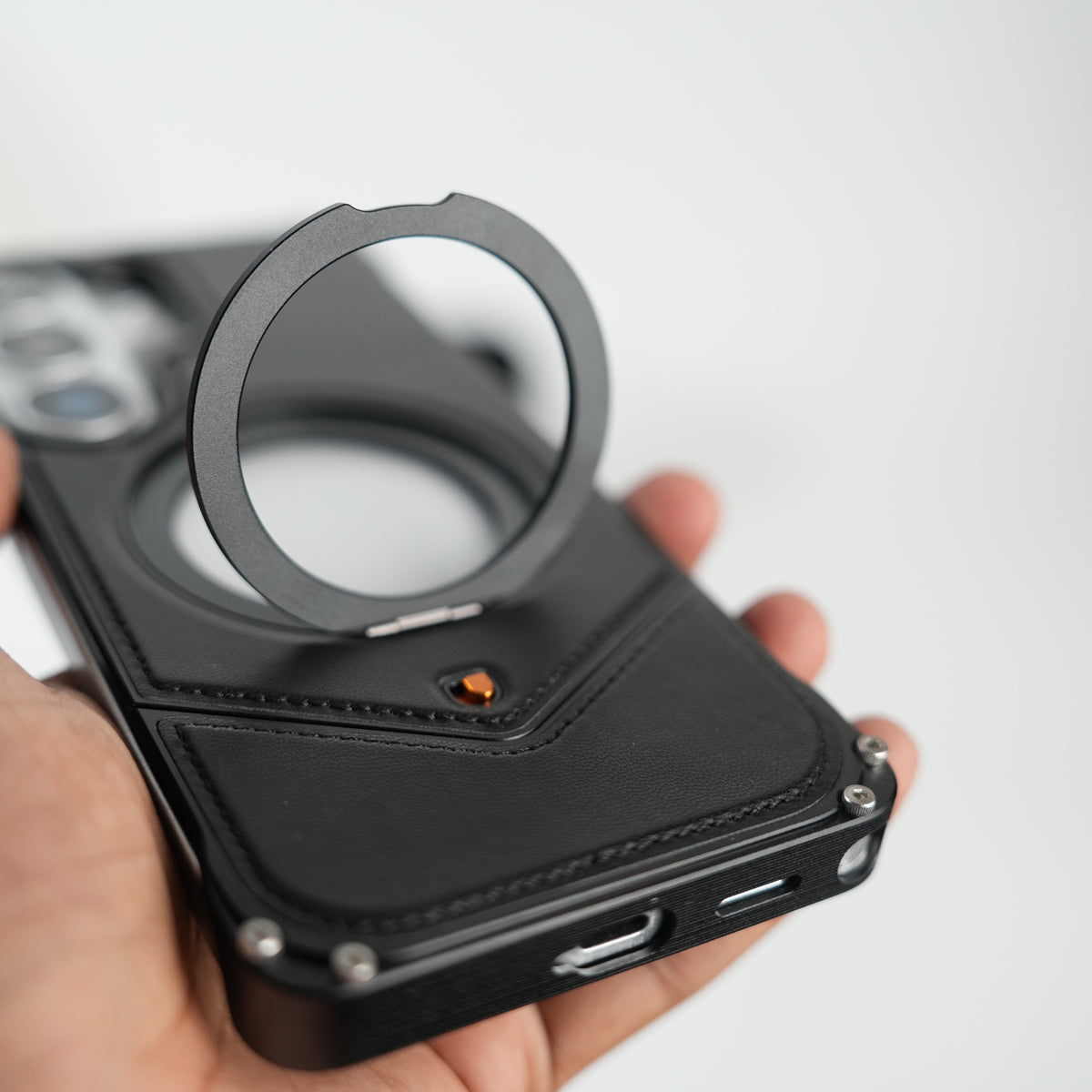 Galaxy S26 Ultra Premium Leather Aluminium Metal Snap On Rotating Stand case (Black)