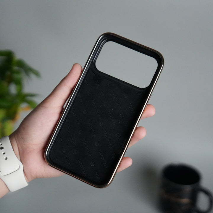 iPhone 17 Series PU Leather Chrome Side Case With Ring Metal Stand | Desert Color