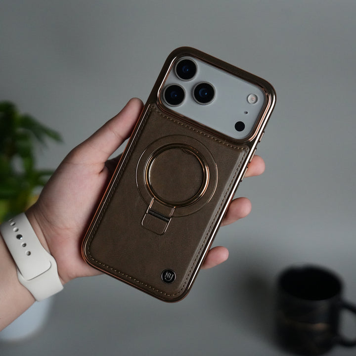 iPhone 17 Series PU Leather Chrome Side Case With Ring Metal Stand | Desert Color