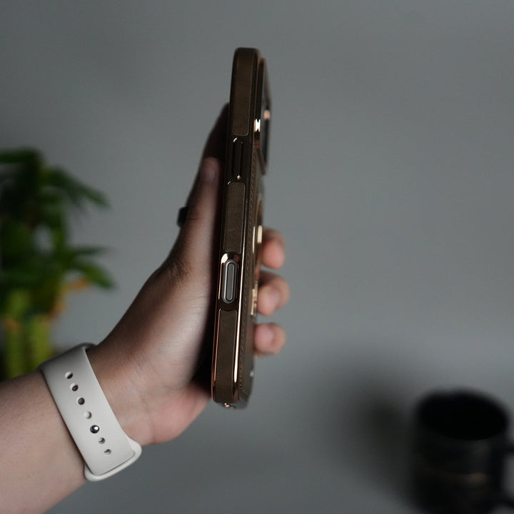 iPhone 17 Series PU Leather Chrome Side Case With Ring Metal Stand | Desert Color