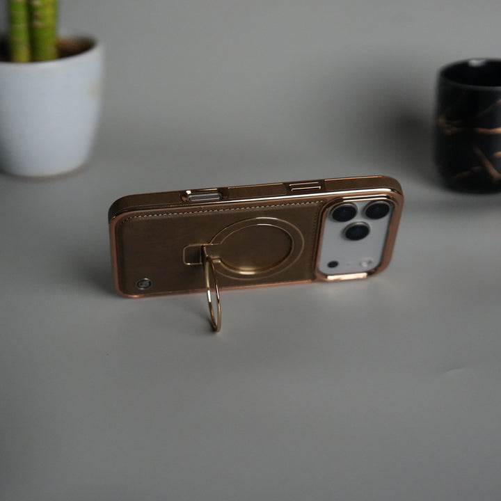 iPhone 17 Series PU Leather Chrome Side Case With Ring Metal Stand | Desert Color