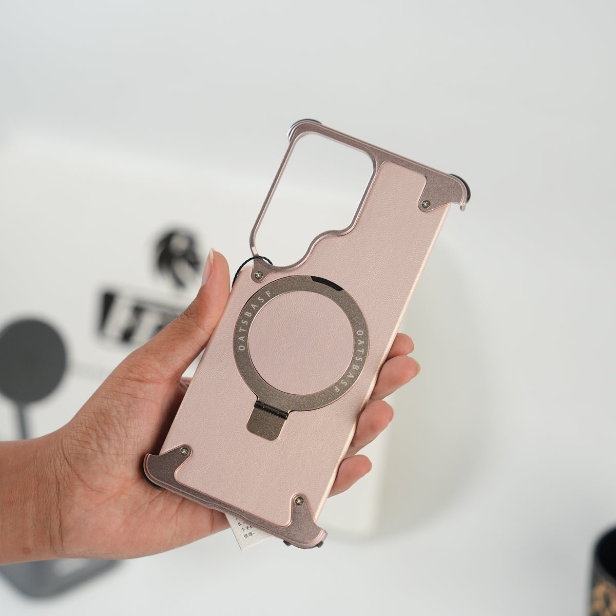 Galaxy S26 Ultra Premium PU Leather Metal Case with Rotating Stand (Rose Gold)