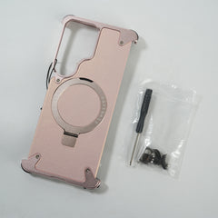Galaxy S26 Ultra Premium PU Leather Metal Case with Rotating Stand (Rose Gold)
