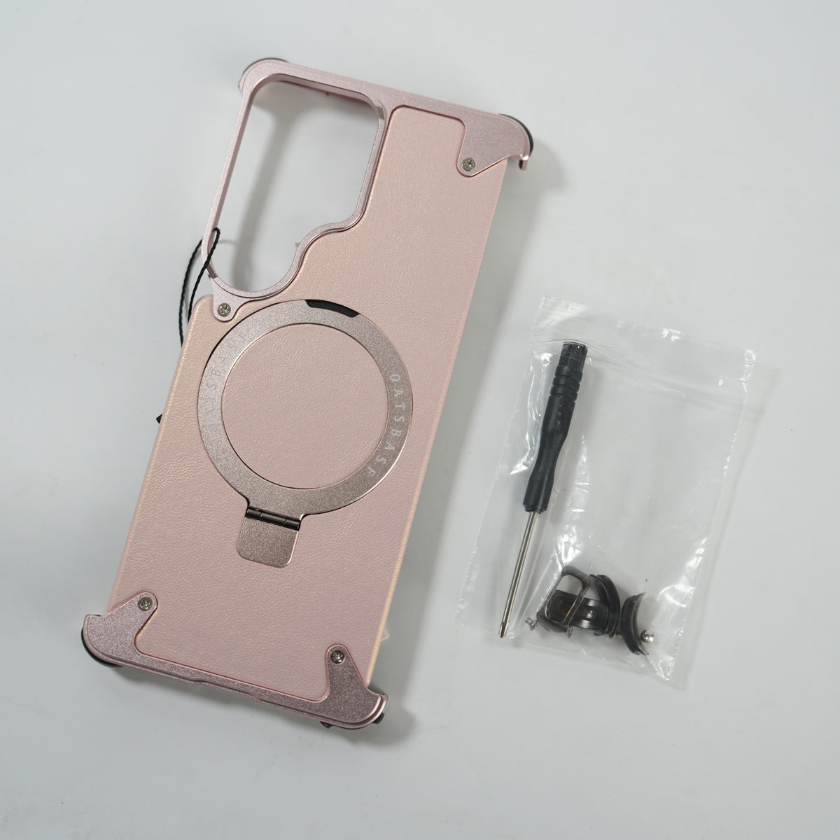 Galaxy S26 Ultra Premium PU Leather Metal Case with Rotating Stand (Rose Gold)