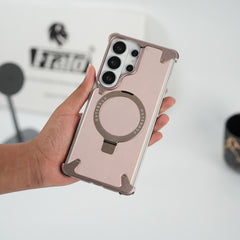 Galaxy S26 Ultra Premium PU Leather Metal Case with Rotating Stand (Rose Gold)
