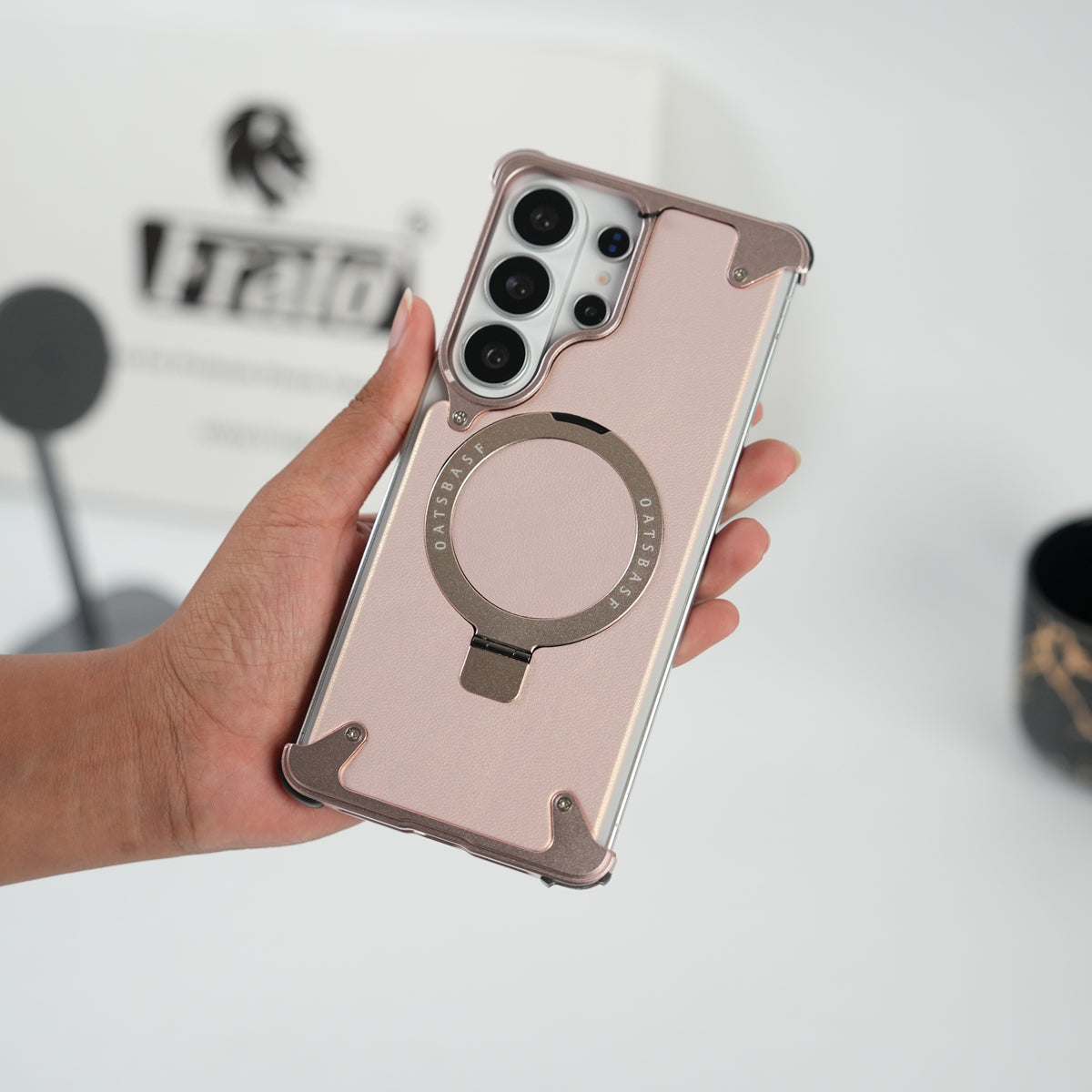 Galaxy S26 Ultra Premium PU Leather Metal Case with Rotating Stand (Rose Gold)