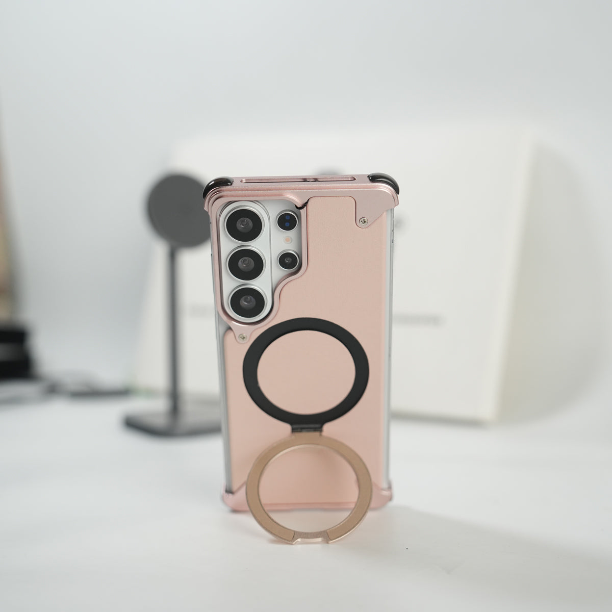 Galaxy S26 Ultra Premium PU Leather Metal Case with Rotating Stand (Rose Gold)