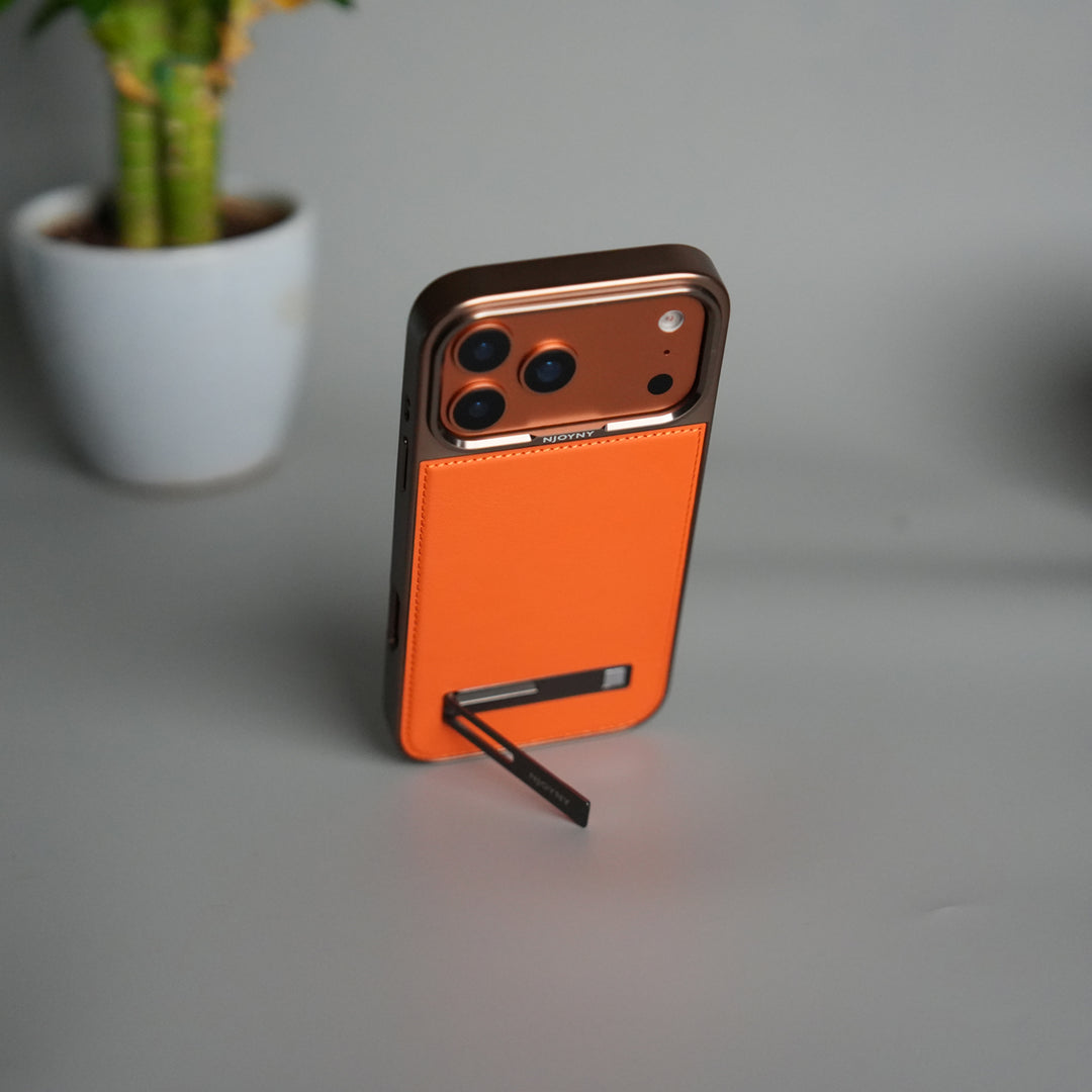 iPhone 17 Pro Leather Mate Chrome Plated Kick Stand Case Cover