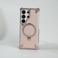 Galaxy S26 Ultra Premium PU Leather Metal Case with Rotating Stand (Rose Gold)