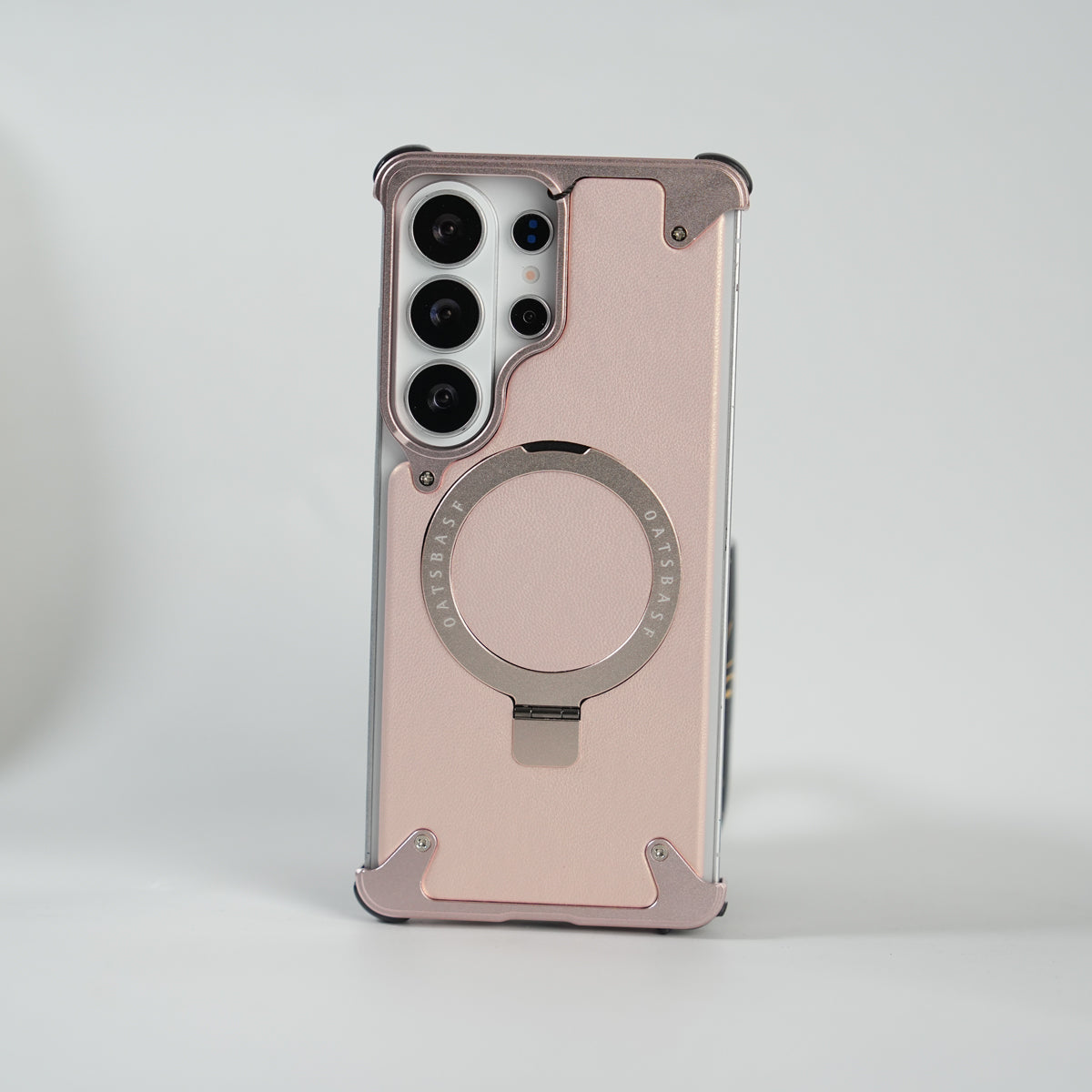 Galaxy S26 Ultra Premium PU Leather Metal Case with Rotating Stand (Rose Gold)