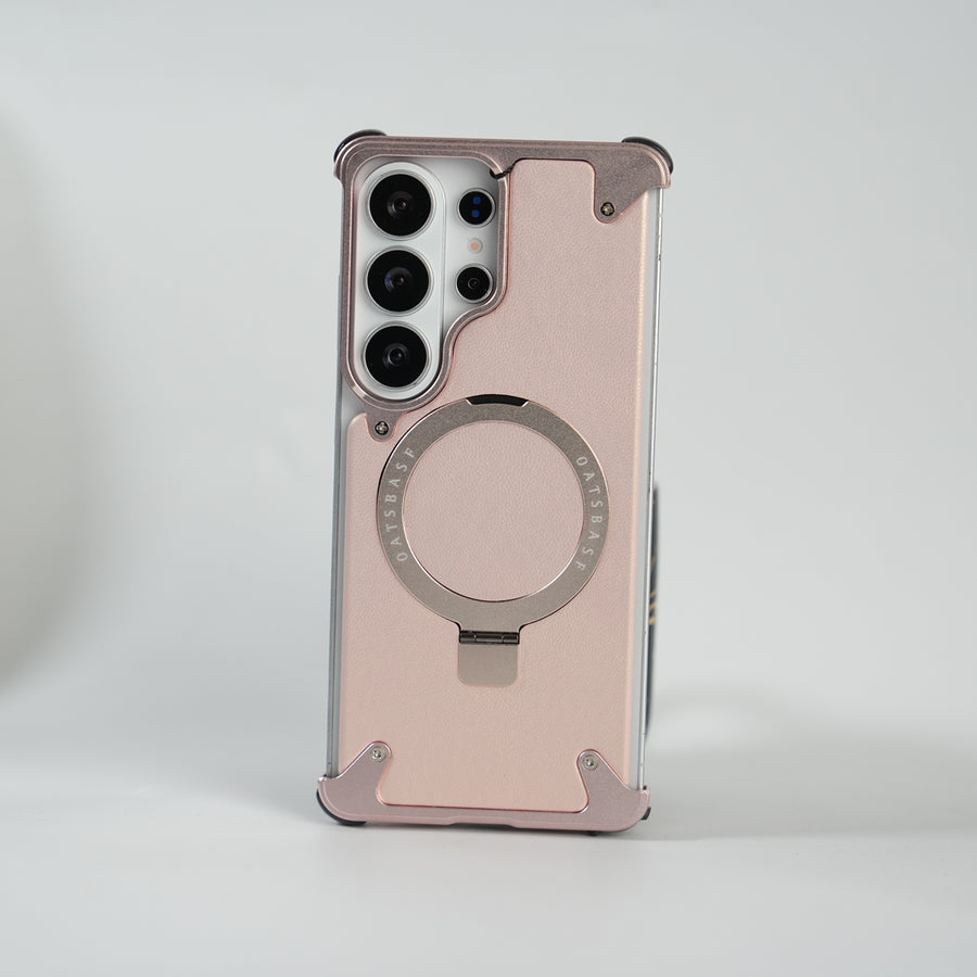 Galaxy S26 Ultra Premium PU Leather Metal Case with Rotating Stand (Rose Gold)