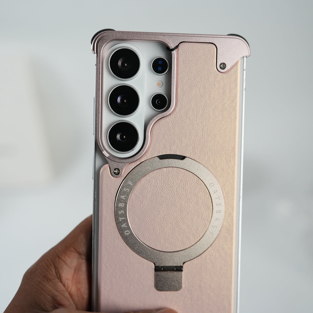 Galaxy S26 Ultra Premium PU Leather Metal Case with Rotating Stand (Rose Gold)