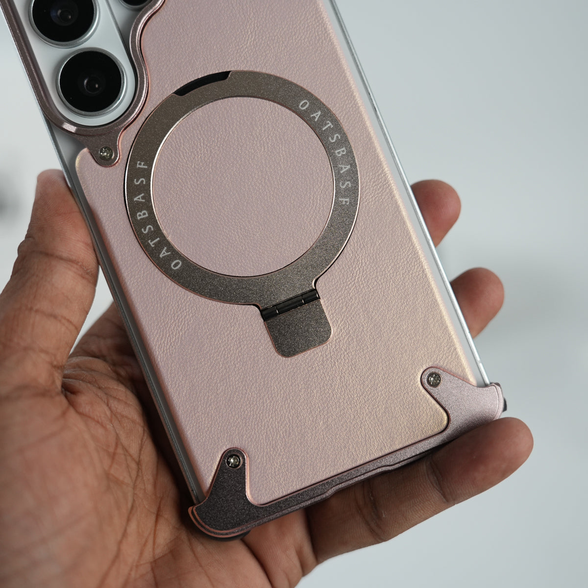 Galaxy S26 Ultra Premium PU Leather Metal Case with Rotating Stand (Rose Gold)