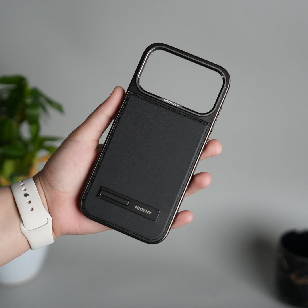 iPhone 17 Pro Leather Mate Chrome Plated Kick Stand Case Cover