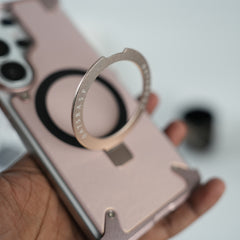 Galaxy S26 Ultra Premium PU Leather Metal Case with Rotating Stand (Rose Gold)