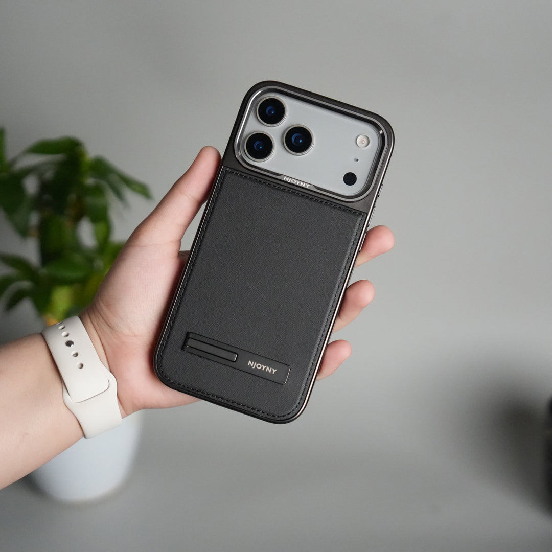 iPhone 17 Pro Leather Mate Chrome Plated Kick Stand Case Cover