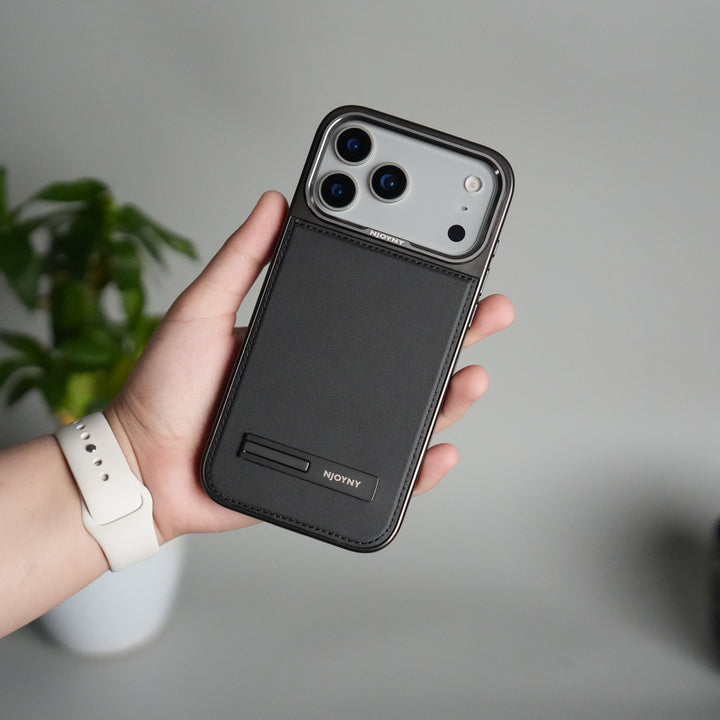 iPhone 17 Pro Leather Mate Chrome Plated Kick Stand Case Cover