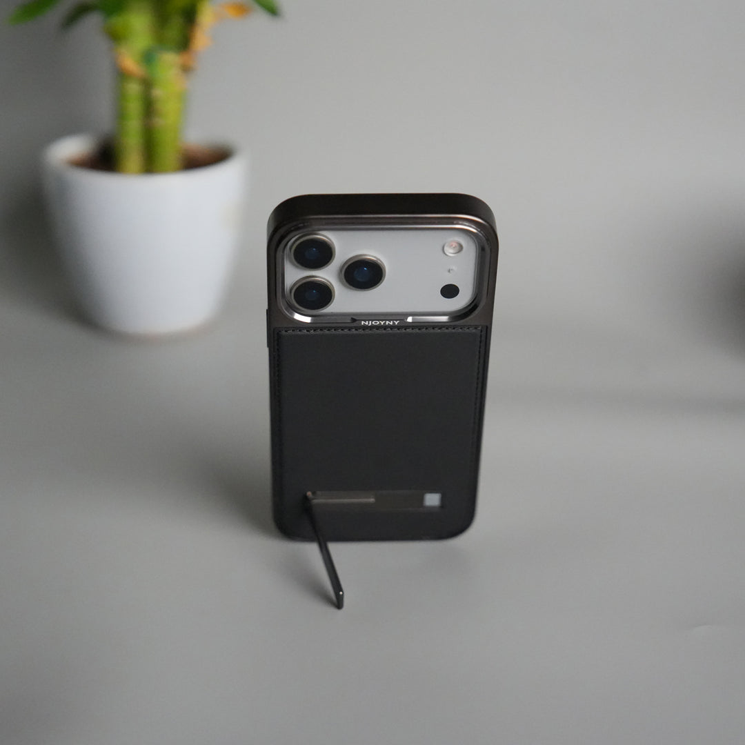 iPhone 17 Pro Leather Mate Chrome Plated Kick Stand Case Cover