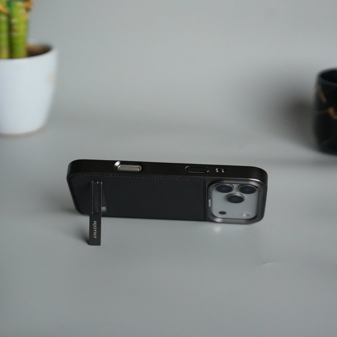 iPhone 17 Pro Leather Mate Chrome Plated Kick Stand Case Cover