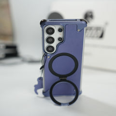 Galaxy S26 Ultra Premium PU Leather Metal Case with Rotating Stand (Light Purple)