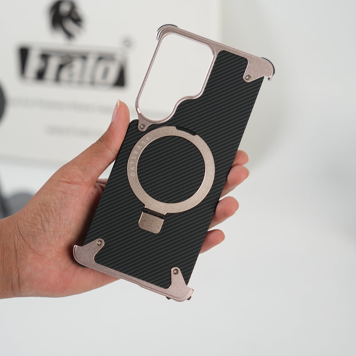 Galaxy S26 Ultra Carbon Texture Frameless Metal Kickstand Case (Rose Gold)