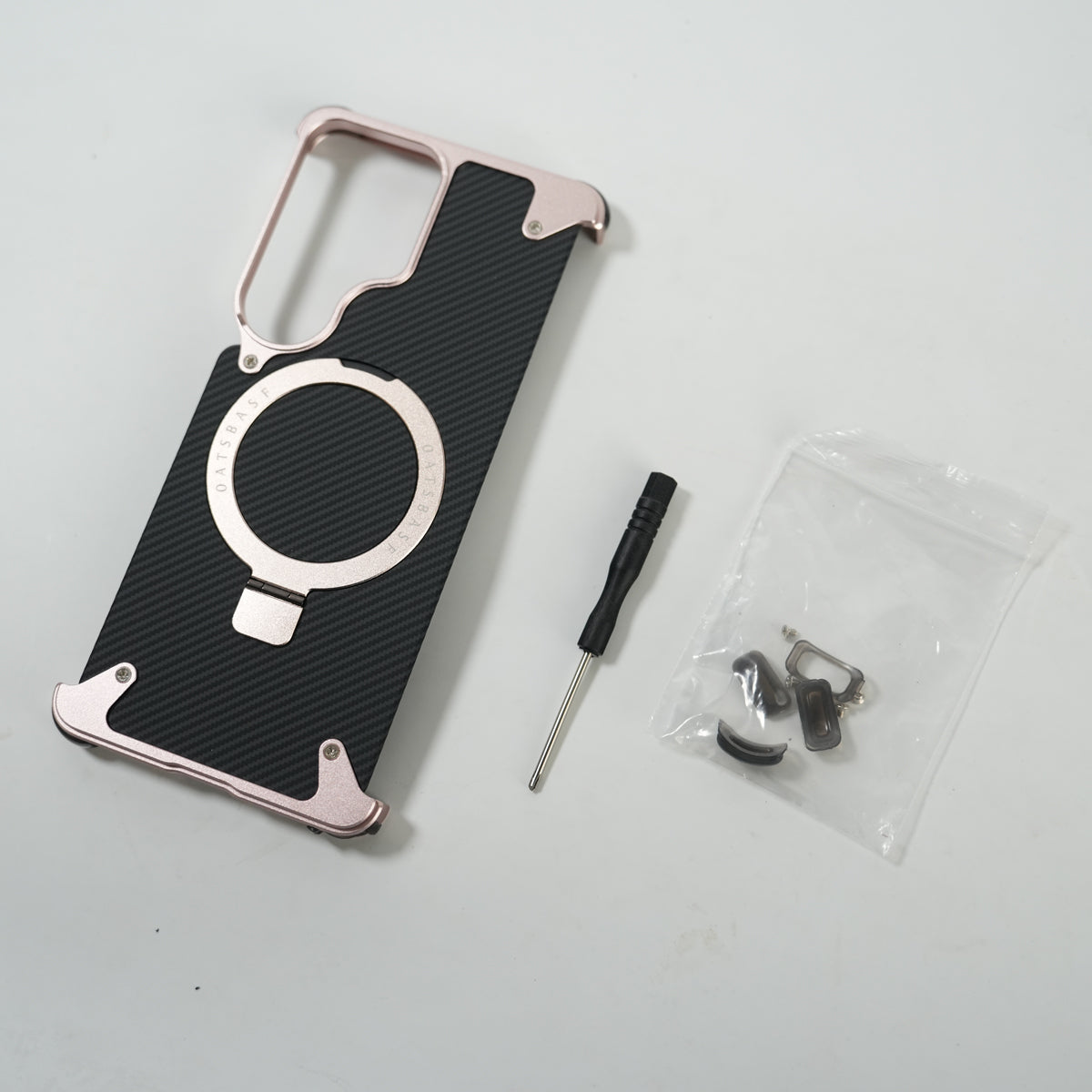 Galaxy S26 Ultra Carbon Texture Frameless Metal Kickstand Case (Rose Gold)