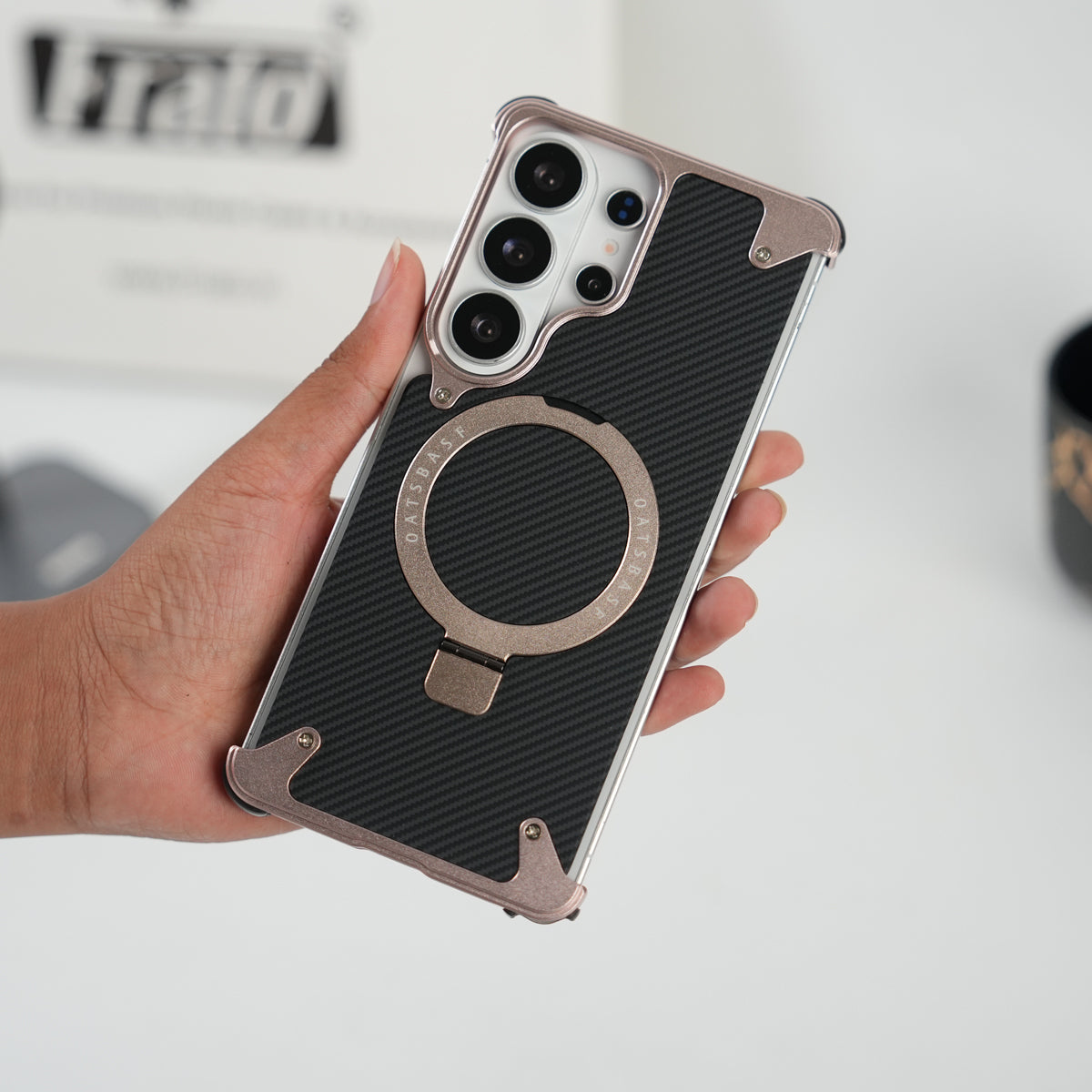 Galaxy S26 Ultra Carbon Texture Frameless Metal Kickstand Case (Rose Gold)