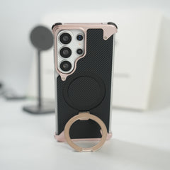 Galaxy S26 Ultra Carbon Texture Frameless Metal Kickstand Case (Rose Gold)